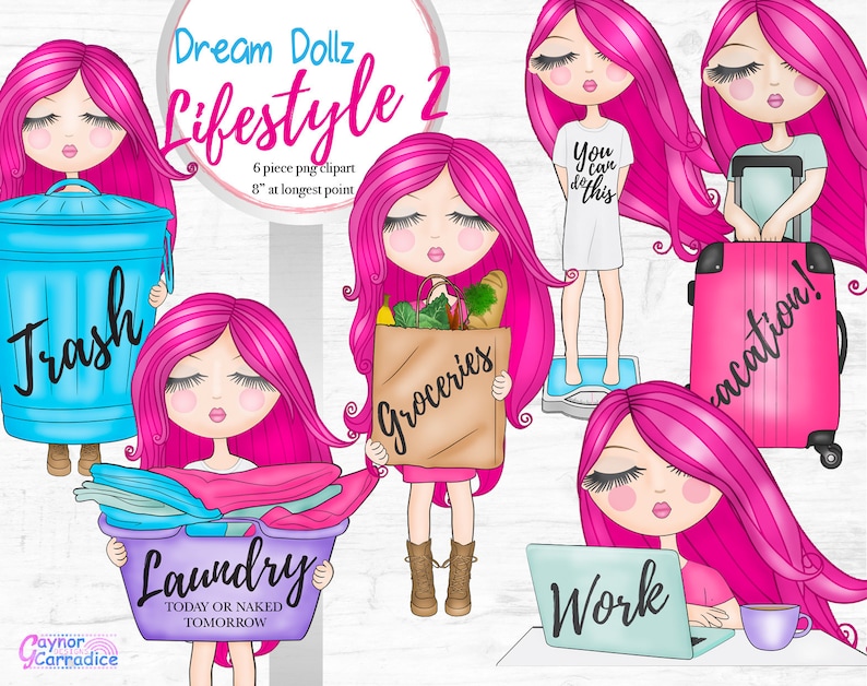 May include: A set of 6 digital clipart images featuring a pink haired cartoon girl in various activities, including taking out the trash, doing laundry, grocery shopping, weighing herself, working on a laptop, and packing a suitcase. The text "Dream Dollz Lifestyle 2" is at the top of the image.