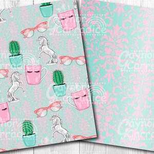 May include: A seamless pattern featuring pink mugs with eyelashes, silver unicorns, green cacti in blue pots, and pink and white glasses on a light blue background with a glittery texture.
