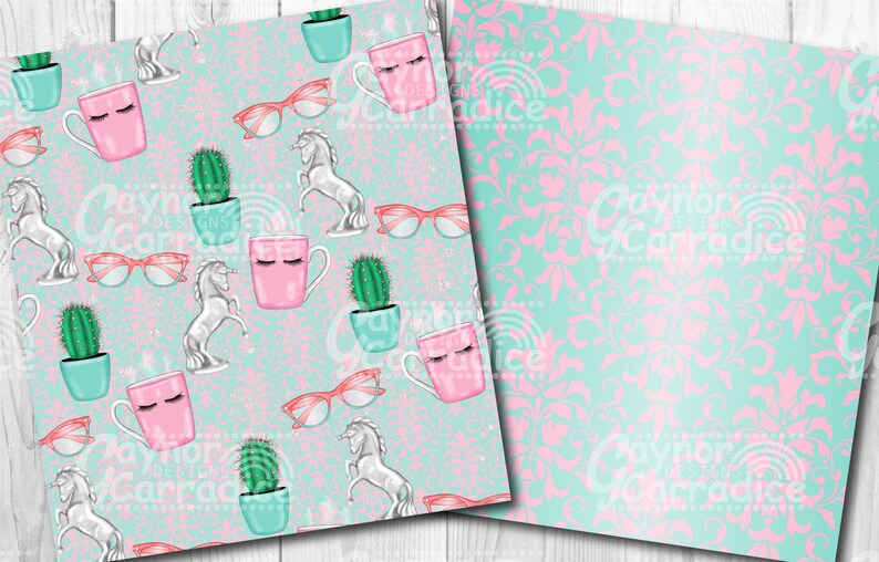 May include: A seamless pattern featuring pink mugs with eyelashes, silver unicorns, green cacti in blue pots, and pink and white glasses on a light blue background with a glittery texture.