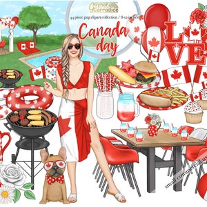 カナダデー クリップアート - 44 ピースの水彩画カナダ クリップアート セット - バーベキュー、プール パーティーのシーンなどを含む 7 月 1 日のプランナー グラフィック