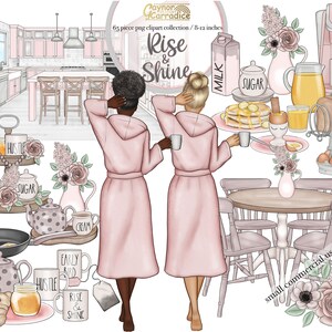 Rise and Shine Clipart - 65 piece watercolor girl boss clipart - kitchen farmhouse graphics with planner girl, breakfast coffee clipart
