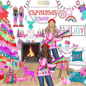 May include: A colorful Christmas scene with two women wearing pink sweaters and red Santa hats. The women are holding colorful wands and standing in front of a fireplace with a Christmas tree decorated with ornaments, candy canes, and bows. The scene also includes a stocking, a donut, a rainbow, and a sign that says "Merry & Bright".