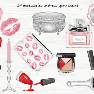 Makeup clipart Fashion clip art Beauty blogger girly planner stickers graphics Illustration png Watercolor Dressing room scene Blush image 7