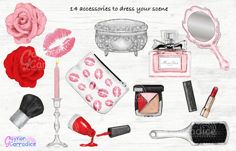 Makeup clipart Fashion clip art Beauty blogger girly planner stickers graphics Illustration png Watercolor Dressing room scene Blush image 7