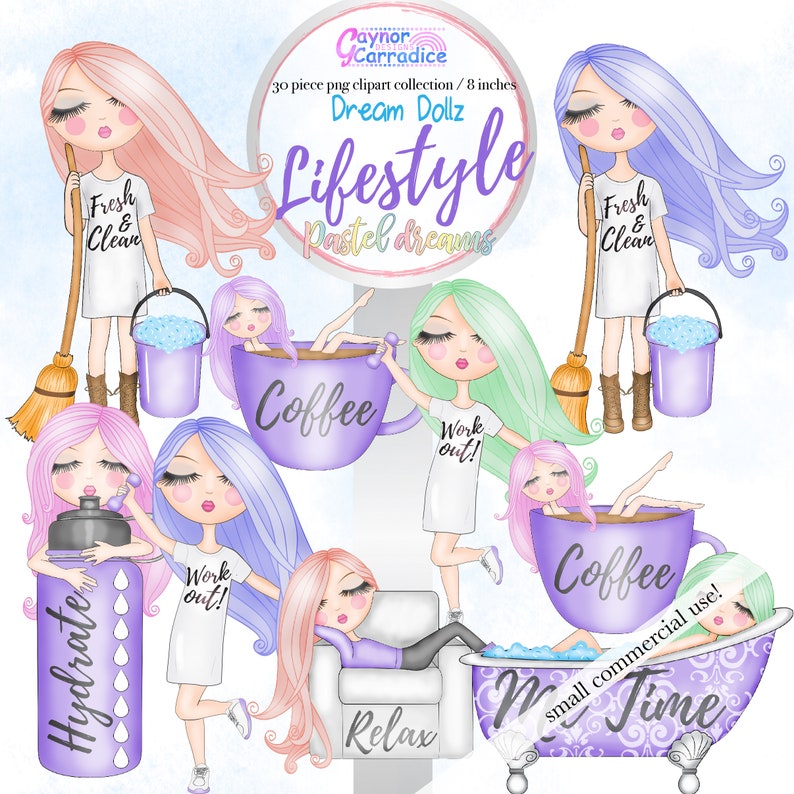 May include: A set of 30 digital clipart images featuring cute cartoon girls in pastel colors. The girls are engaged in various activities, including drinking coffee, working out, relaxing, and taking a bath. The images are perfect for creating digital planners, scrapbooking, and other creative projects.