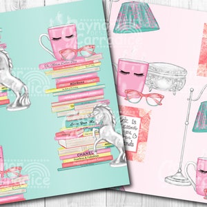 May include: A digital paper with a pink and teal color scheme. The paper features a stack of books, a unicorn, a coffee mug, and a quote about books. The quote reads "A book is an adventure that you hold in your hands".