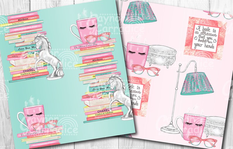 May include: A digital paper with a pink and teal color scheme. The paper features a stack of books, a unicorn, a coffee mug, and a quote about books. The quote reads "A book is an adventure that you hold in your hands".