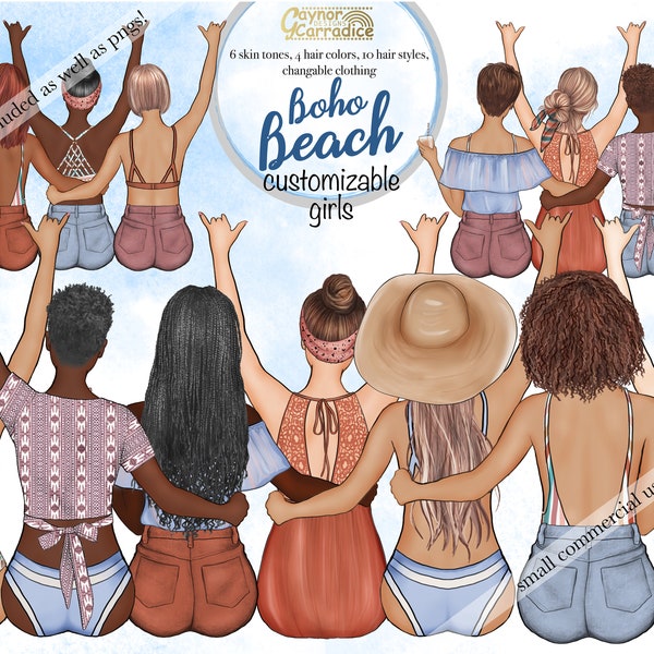 Boho besties customizable girls - best friends clipart - summer beach BFF clip art, customisable clipart, custom besties, sisters clip art