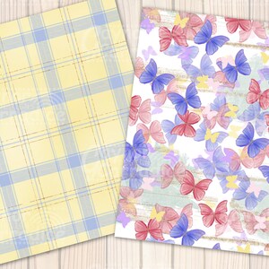 May include: Two digital paper designs. One features a yellow and blue plaid pattern. The other features a white background with a repeating pattern of pink and blue butterflies.