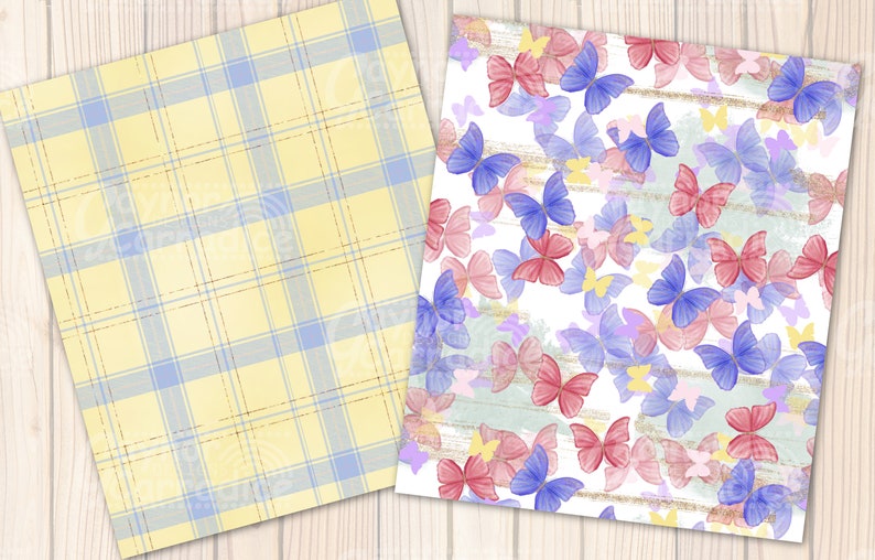 May include: Two digital paper designs. One features a yellow and blue plaid pattern. The other features a white background with a repeating pattern of pink and blue butterflies.