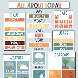 May include: A colorful chart with the text "All About Today" at the top. The chart is divided into sections for days of the week, months, dates, years, weather, seasons, and months of the year. Each section has colorful illustrations and text.