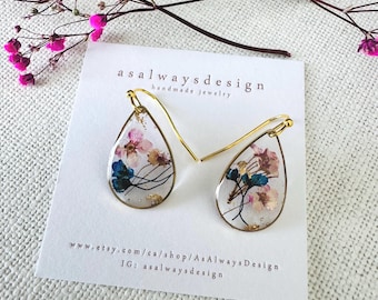 Handmade Resin Floral Earrings: Real Flower Brass Dangle Earrings