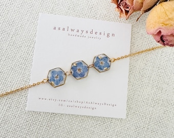 Pulsera de resina con flores nomeolvides, joyería con flores prensadas reales, cadena chapada en oro.