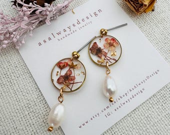 Handmade Real Flower Earrings: Resin Brass Dangle Earrings