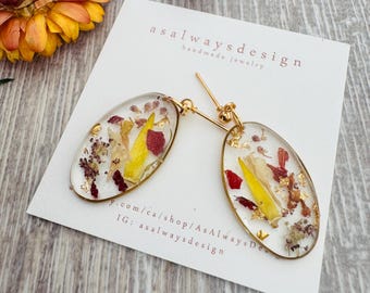 Hangoorbellen van echt geperste bloemhars, botanische natuursieraden messing haken