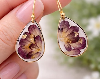 Real Flower Earrings, Pressed Flower Resin Earrings, Dried Flower Jewelry, Botanical Dangle Earrings, Nature Gift for Her, Handmade Jewelry