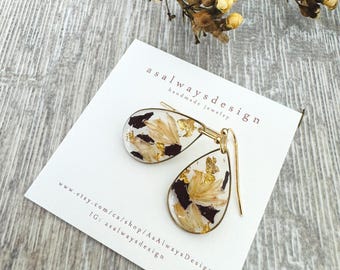 Handmade Resin Earrings, Real Pressed Flower, Brass Hooks