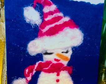 Cute Pretty In Pink, Snow Lady Christmas Card. Printed from Original Hand Felted, Snow Lady Textile Design.
