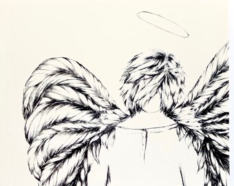 Surf Dude Angel, Beautifully Printed Card of an Original Pen and Ink Hand Drawn Angel Design.