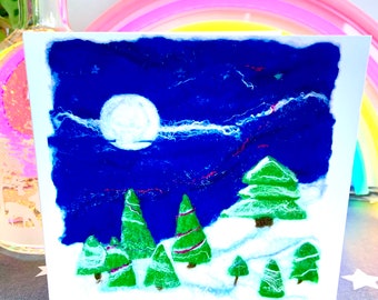 Midnight Clear, Beautiful Printed Christmas Card from an Original Hand Felted Snowscape, Textile Design.