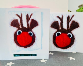 Quirky Reindeer Printed Christmas Cards, from Original Hand Felted Rudolf Textile Designs.