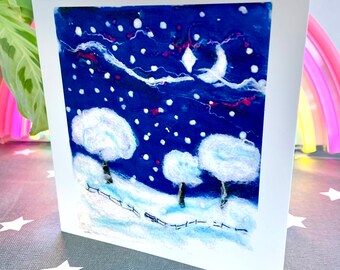 Silent Night. Printed Christmas Card, from an Original Hand Felted Snowscape, Textile Design.
