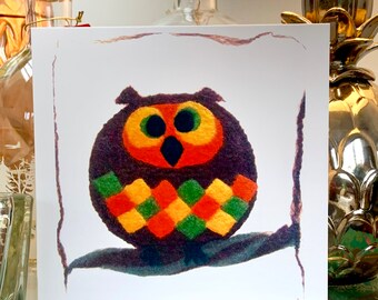 Brown Owl, Printed Card, from Original Hand Felted Retro Owl, Textile Design.