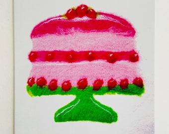Birthday Cake, Printed Card from Original Hand Felted Textile Design.