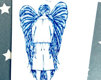 Blue Surf Dude Angel, Beautifully Printed Card of an Original Pen and Ink Hand Drawn Angel Design.