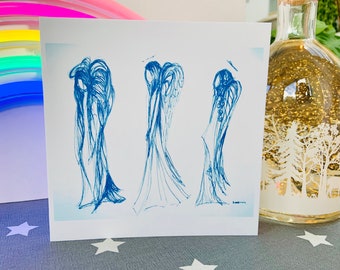 Trio of Angels , Beautifully Printed Card of an Original Pen and Ink Hand Drawn Angels Design.