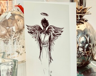 Ayra Angel, Beautifully Printed Card of an Original Pen and Ink Hand Drawn Angel Design.