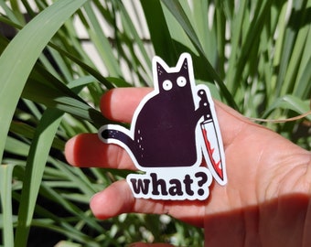 Black cat what sticker, funny black cat,  murder knife, humor cat sticker, holo vinyl decal, funny meme sticker, kawaii cat sticker, gift