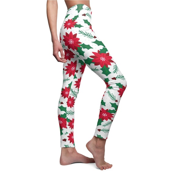 ChillThreads Poinsettia Leggings Novelty Christmas Leggings Crazy Christmas Leggings Funky Christmas Leggings Ugly Christmas Leggings for Women