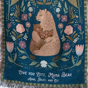 Gift for Mom Blanket: Mothers Day Present from Kids, Mama Bear Woven Throw, Unique Thoughtful Meaningful Birthday, Personalized Custom Idea