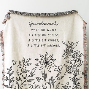 Grandparent Gift Blanket: Flower Woven Throw, Christmas Gift for Grandma Grandpa, Anniversary, Grandparents Make The World Softer Kinder