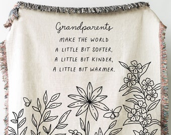 Grandparent Gift Blanket: Flower Woven Throw, Christmas Gift for Grandma Grandpa, Anniversary, Grandparents Make The World Softer Kinder