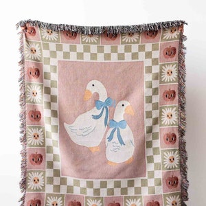 Cute Goose Blanket: Pink Checker Decor, Kawaii Animals Gift, Pastel Farmhouse Country, Cottagecore Kids Bedding, Maximalist Eclectic Unique