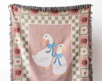 Cute Goose Blanket: Pink Checker Decor, Kawaii Animals Gift, Pastel Farmhouse Country, Cottagecore Kids Bedding, Maximalist Eclectic Unique