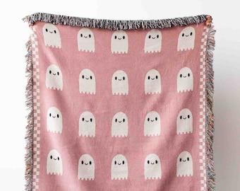 Pink Ghosts Blanket: Spooky Creepy Cute, Checker Halloween Decor, Kawaii, Pastel Goth Gift, Dorm Bedding Decor, Maximalist Eclectic Unique