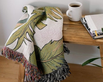 Palm Leaf Woven Throw Blanket - Floral Banana Leaf Tropical Decor, Boho Jungle Home Nursery, Preppy Beach Maximalist Bedroom, Eclectic Plant