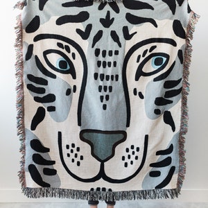 Tiger Throw Blanket: Grey Blue Woven 100% Cotton Throw, Cute Funny Gift for Animal Lover, Maximalist Home Decor, Tropical Jungle Bedroom