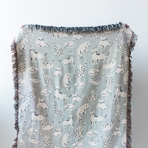 Grey Cats Blanket: Woven Cotton Throw, Kids Bedroom, Cute Kawaii Gift for Cat or Animal Lovers, Quirky Boho, Eclectic Unique Home Decor image 2