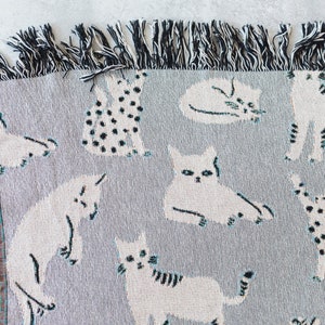 Grey Cats Blanket: Woven Cotton Throw, Kids Bedroom, Cute Kawaii Gift for Cat or Animal Lovers, Quirky Boho, Eclectic Unique Home Decor image 4