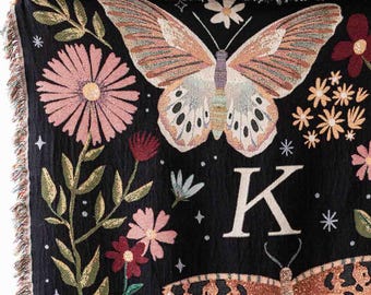 Butterfly Gift Blanket: Personalized Initial Woven Throw, Baby Shower Nursery, Boho Teen Monogram, Custom Letter, Cottagecore Whimsical Cozy