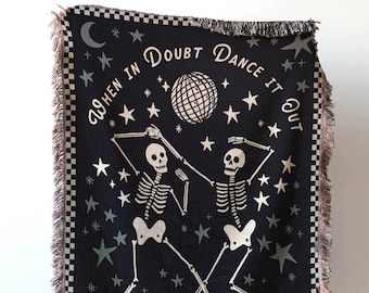 Skeleton Blanket: Disco Woven Throw, Unique Spooky Gift, Whimsigoth Decor, Halloween Goth Kawaii Cute, Y2K Retro Checkered Aesthetic, Skull