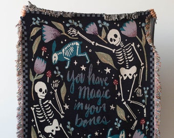 Skeleton Blanket: Magic Bones Woven Throw, Unique Spooky Couple Gift, Unique Whimsigoth Decor, Halloween Goth Kawaii Cute, Frankie Print Co