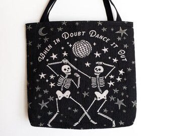 Tapestry Tote Bag: Dancing Skeleton, Retro Disco Vintage Style, Woven Witch Goth Gift, Unique Market Shopping, Whimsigoth Skull, Cute Funny