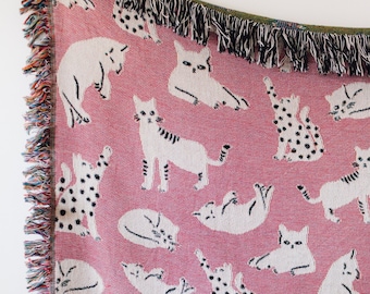 Pink Cat Blanket: Woven Cotton Throw, Cute Kawaii Gift for Animal or Pet Lovers, Unique Eclectic Colorful Maximalist Decor, Kids Bedding