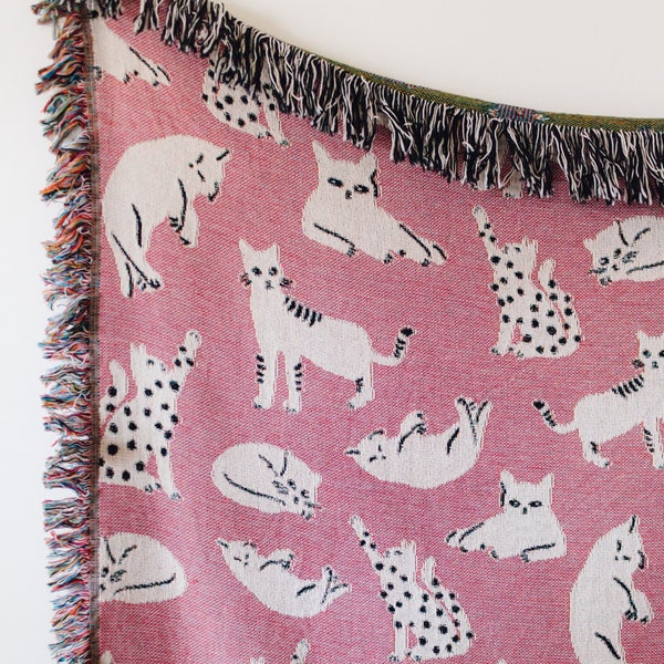 Pink Cat Blanket: Woven Cotton Throw, Cute Kawaii Gift for Animal or Pet Lovers, Unique Eclectic Colorful Maximalist Decor, Kids Bedding