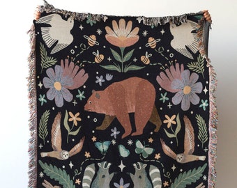 Woodland Blanket: Raccoon and Bear Woven Throw, Cute Kawaii Animals, Dark Cottagecore, Unique Whimsical Decor, Moody Maximalist, Bunny Owl